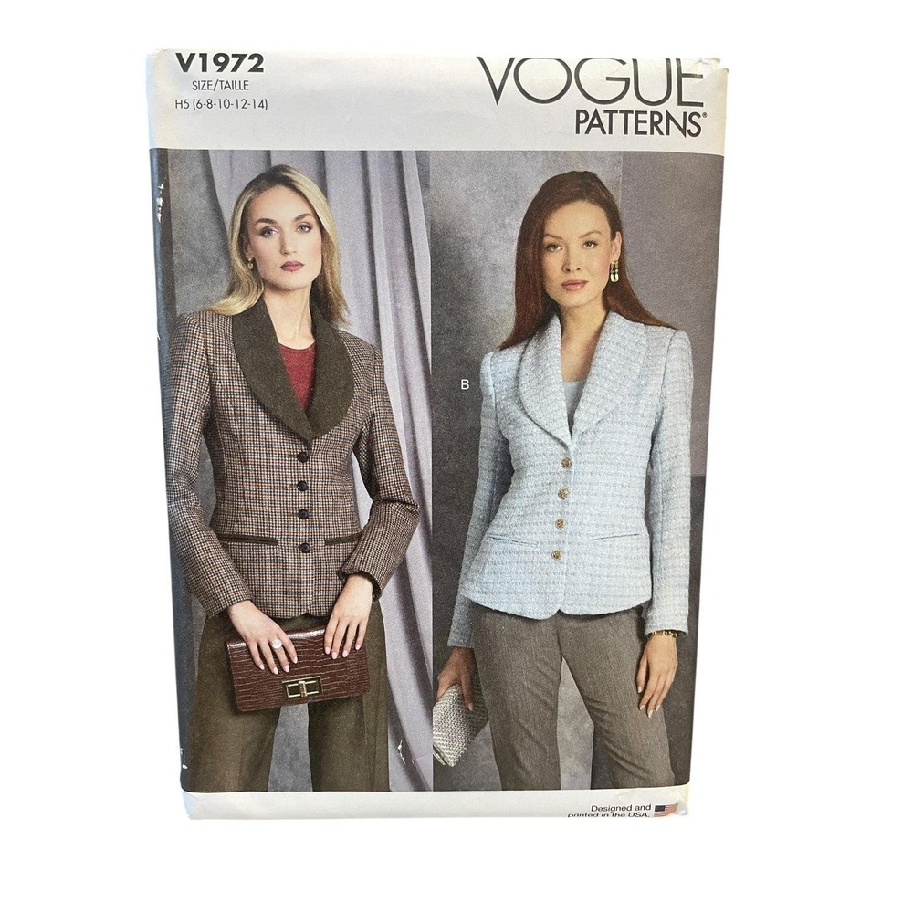 VOGUE V1972 Jacket Pattern H5 (6-8-10-12-14) Semi-Fitted Lined Shawl Collar